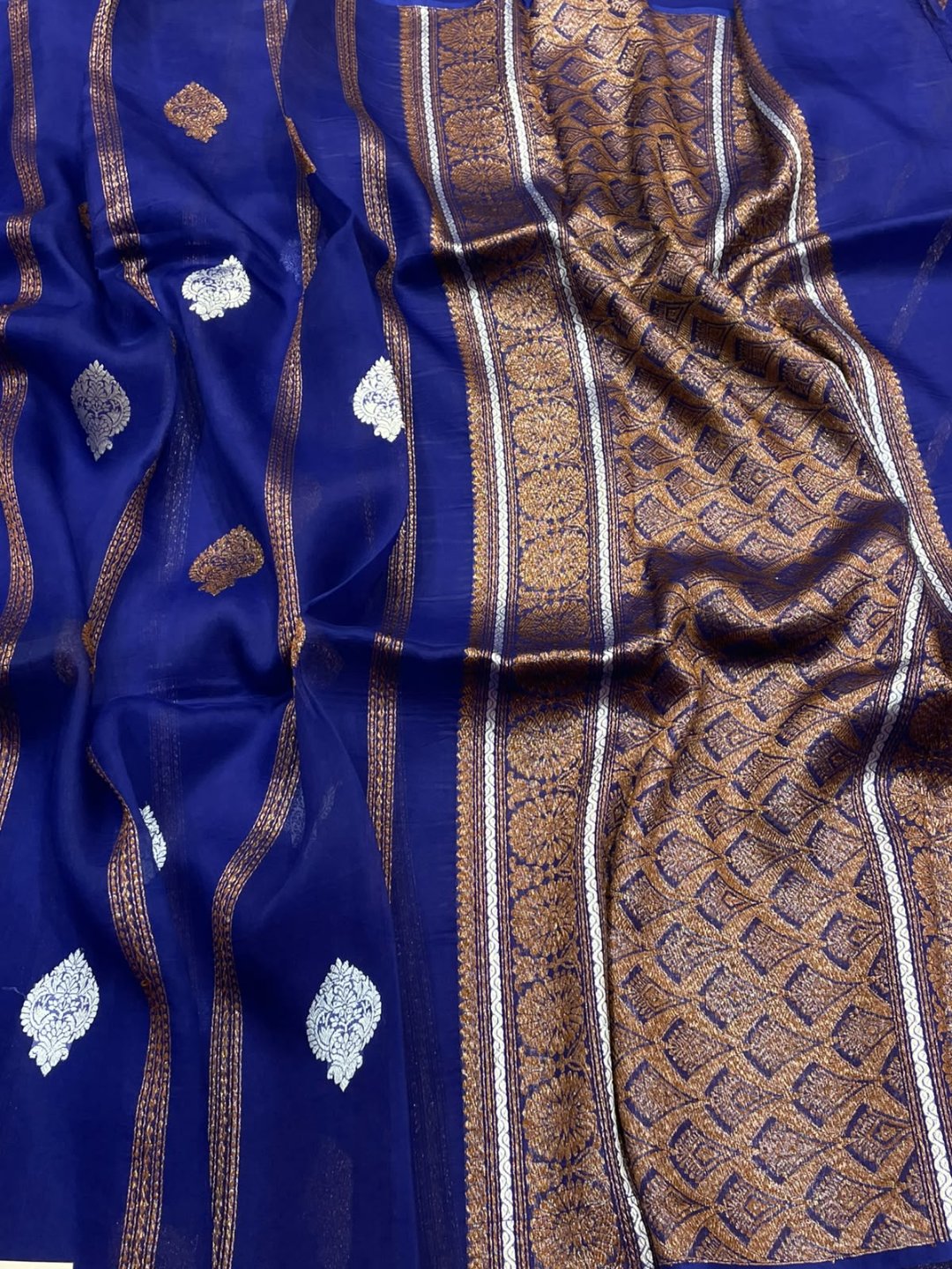Royal Blue Kora Silk Banarasi saree front drape view