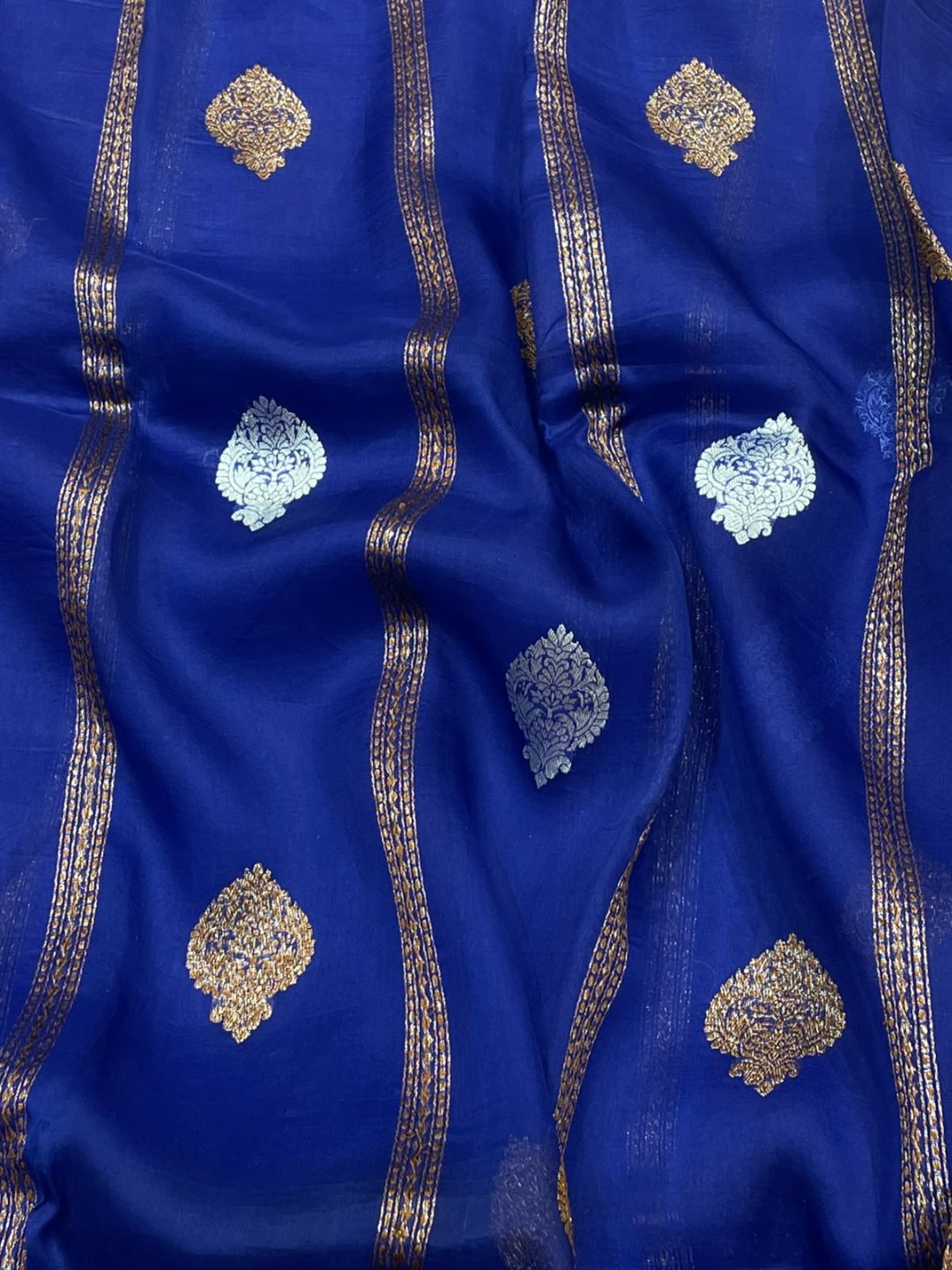 Royal Blue Kora Silk Banarasi saree border closeup