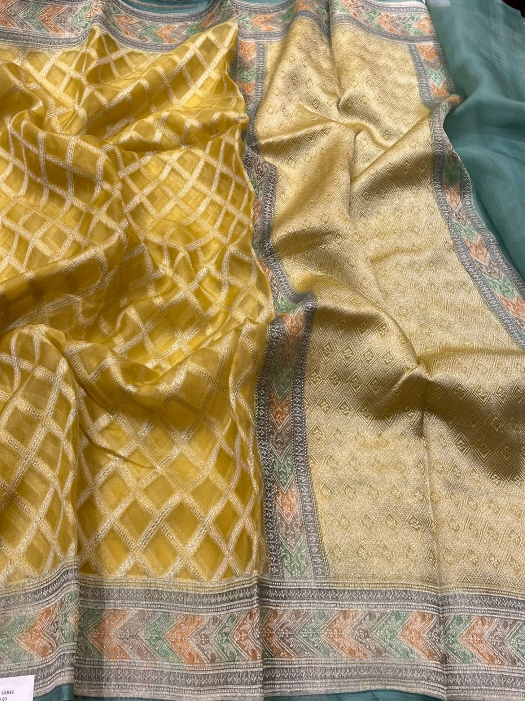 Lemon Yellow Kora Silk Banarasi saree front drape view