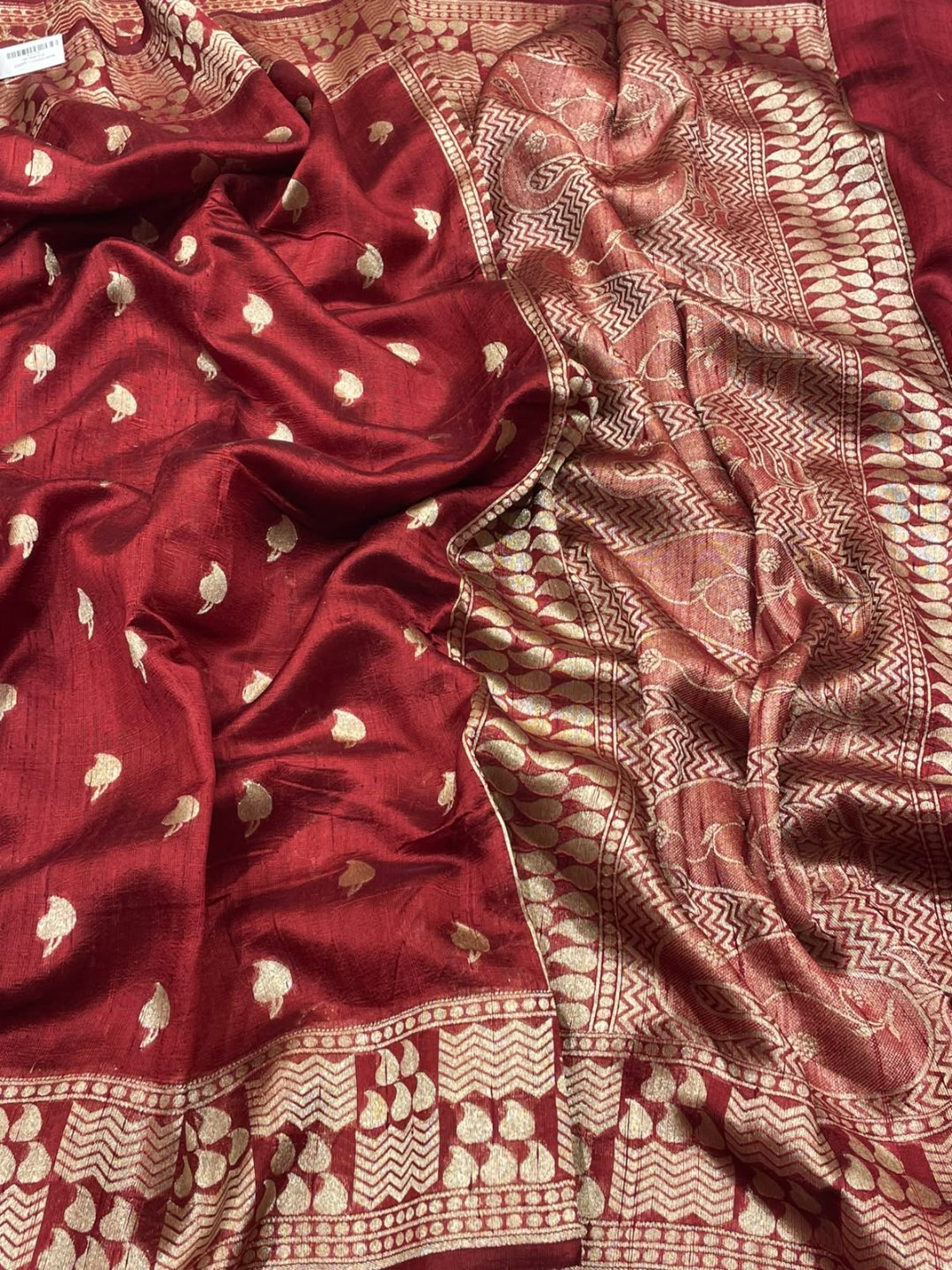 Dark Red Dupion Silk Banarasi saree front drape view