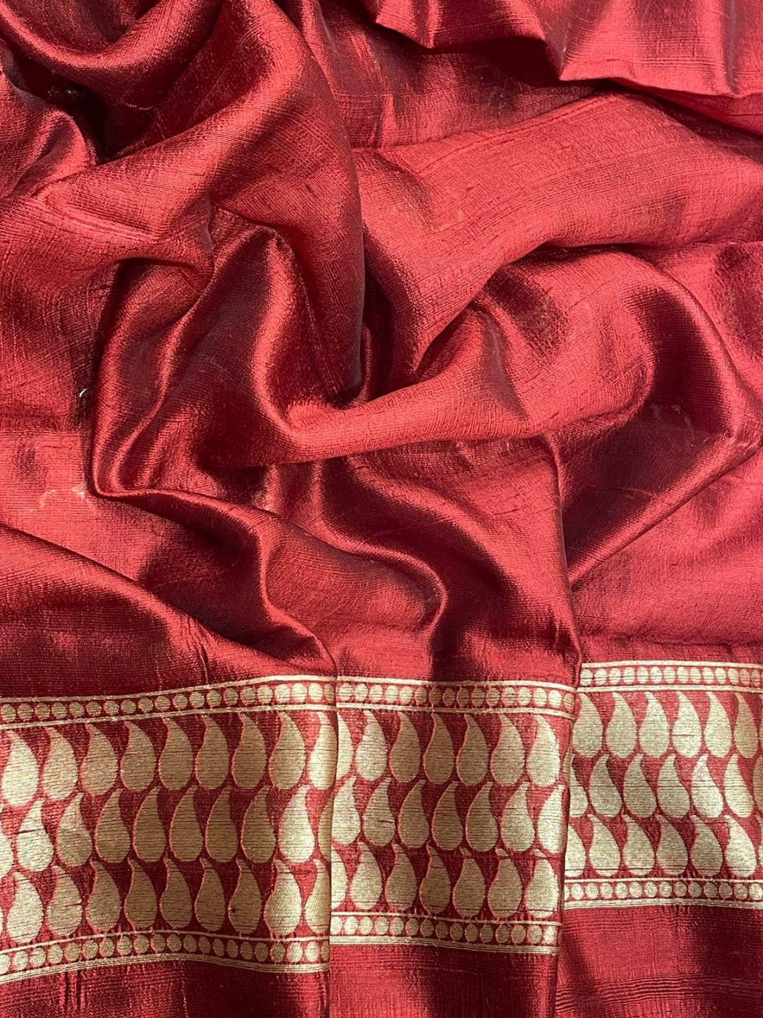 Dark Red Dupion Silk Banarasi saree full spread