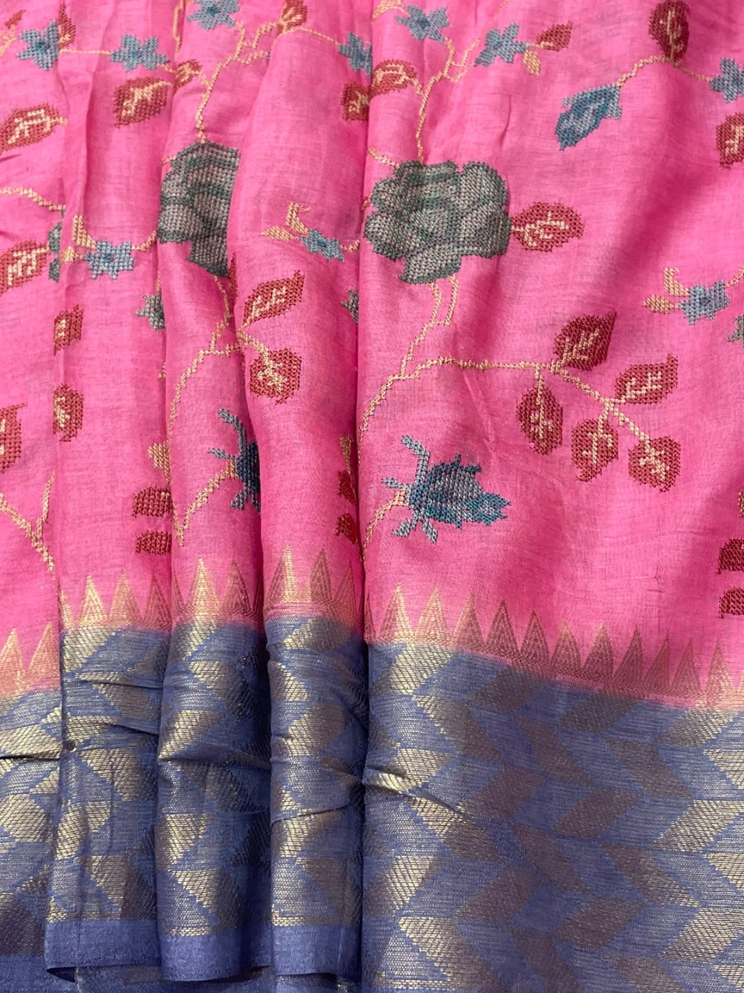 Pink with Sea blue border Tussar Silk Banarasi saree full spread
