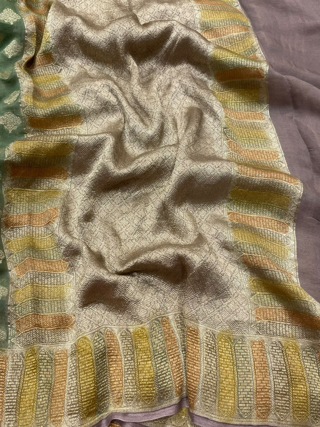 Olive Green Tissue Silk Banarasi saree pallu detail