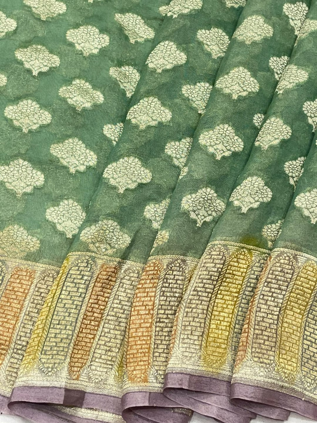 Olive Green Tissue Silk Banarasi saree full spread