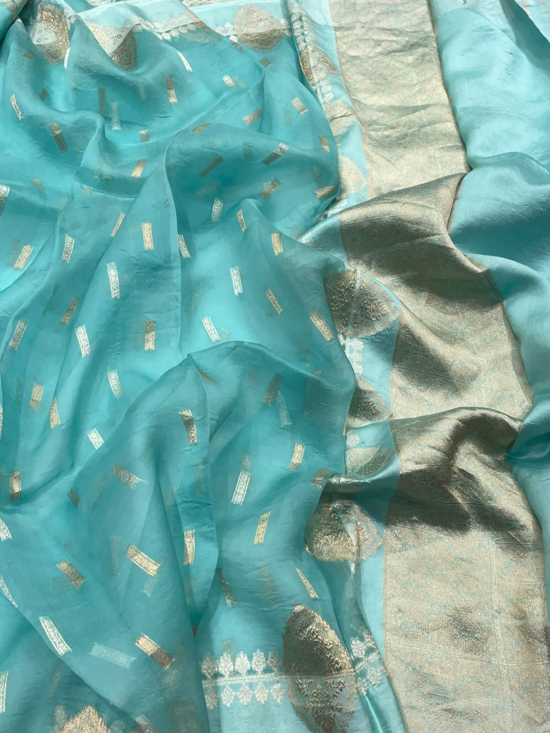 Sea blue Kora Silk Banarasi saree front drape view