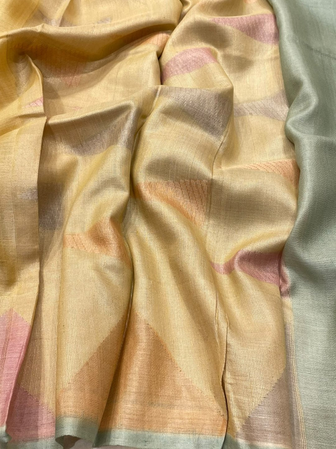 Pastel green with teal blue Raw silk saree Banarasi saree pallu detail