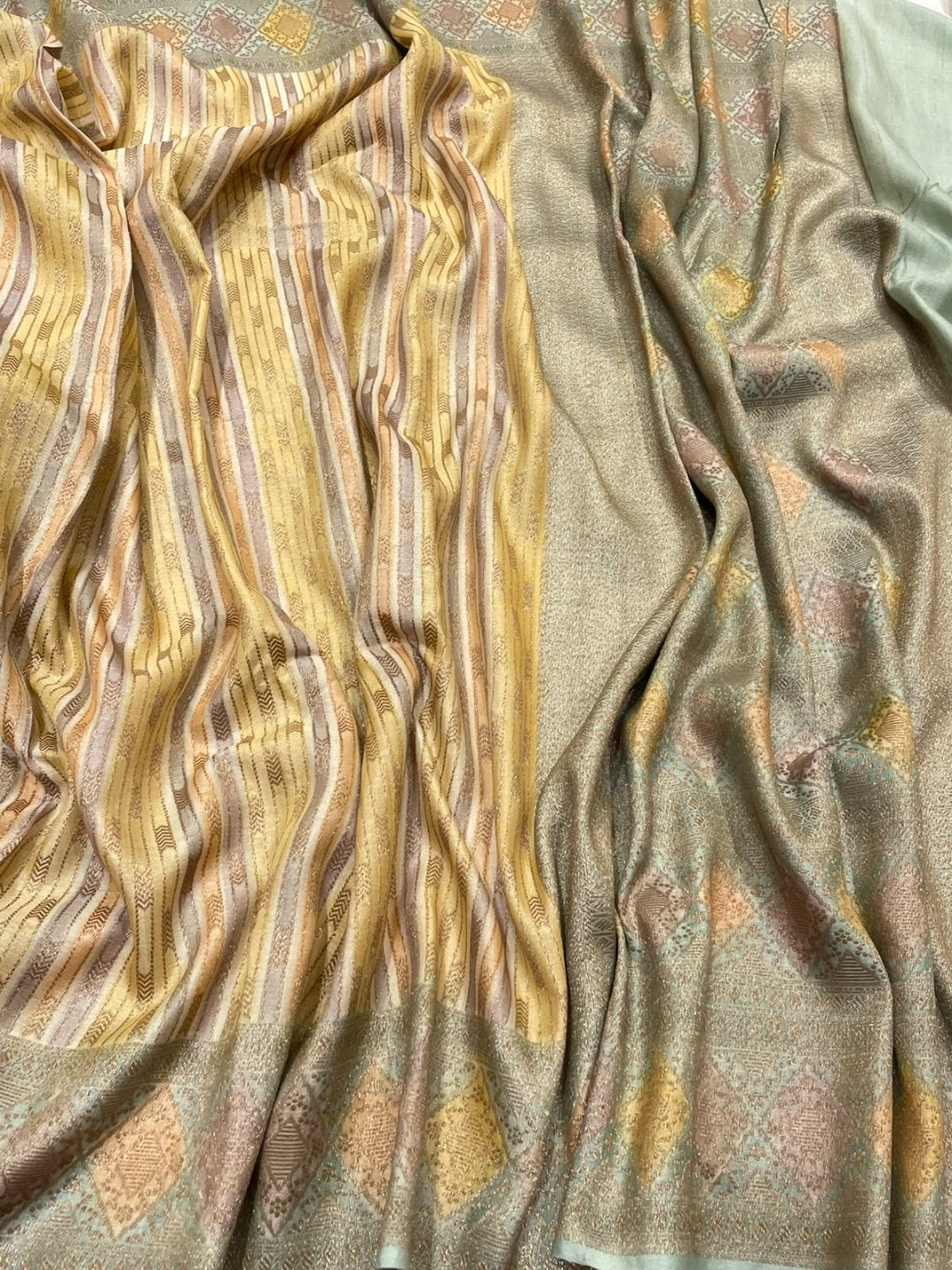 Multicolor Stripes with green border Tussar Silk Banarasi saree front drape view