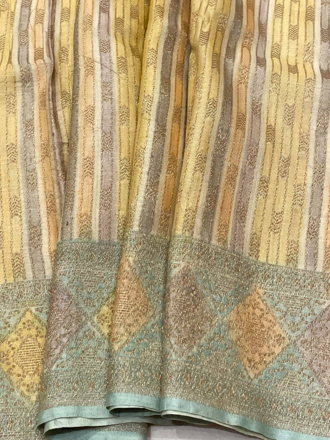 Multicolor Stripes with green border Tussar Silk Banarasi saree pallu detail
