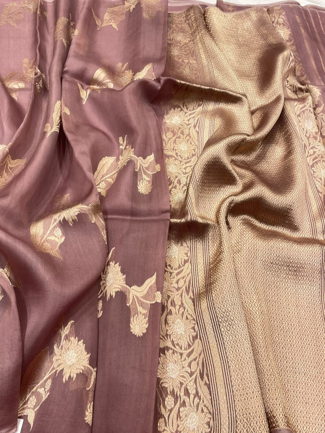 Peach Kora Silk Banarasi saree front drape view