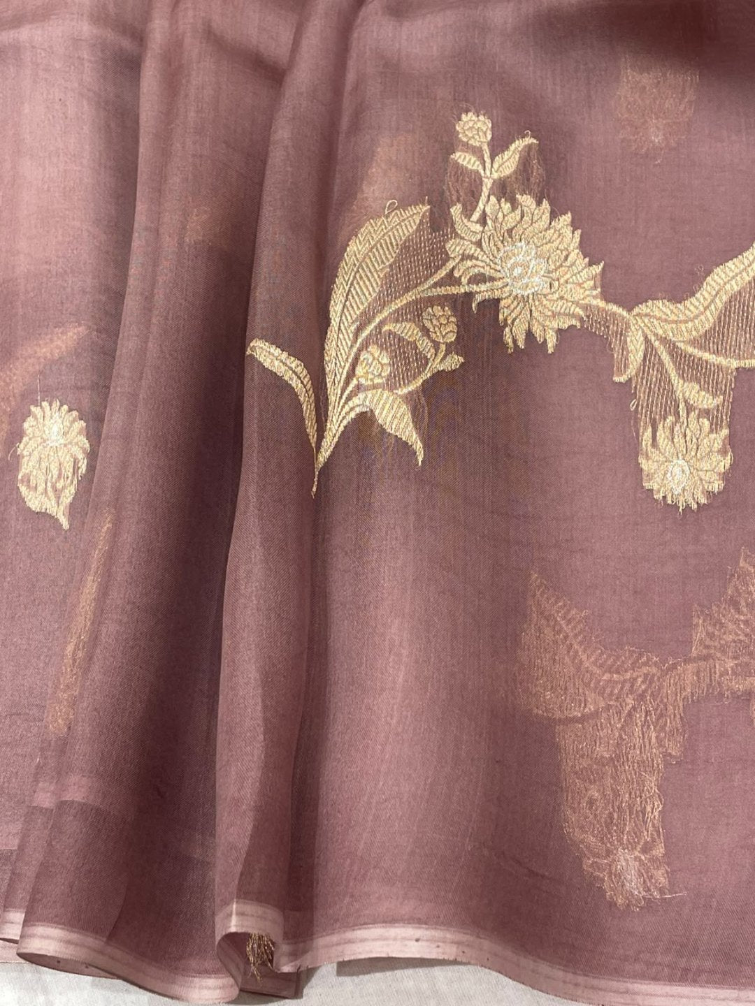 Peach Kora Silk Banarasi saree full spread