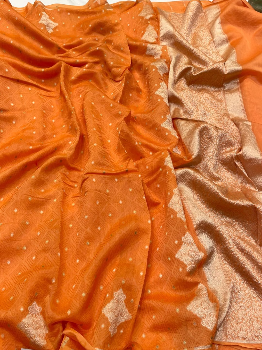 Orange Kora Silk Banarasi saree front drape view