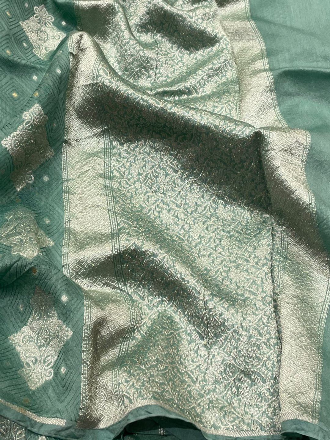 Sea Green Kora Silk Banarasi saree pallu detail
