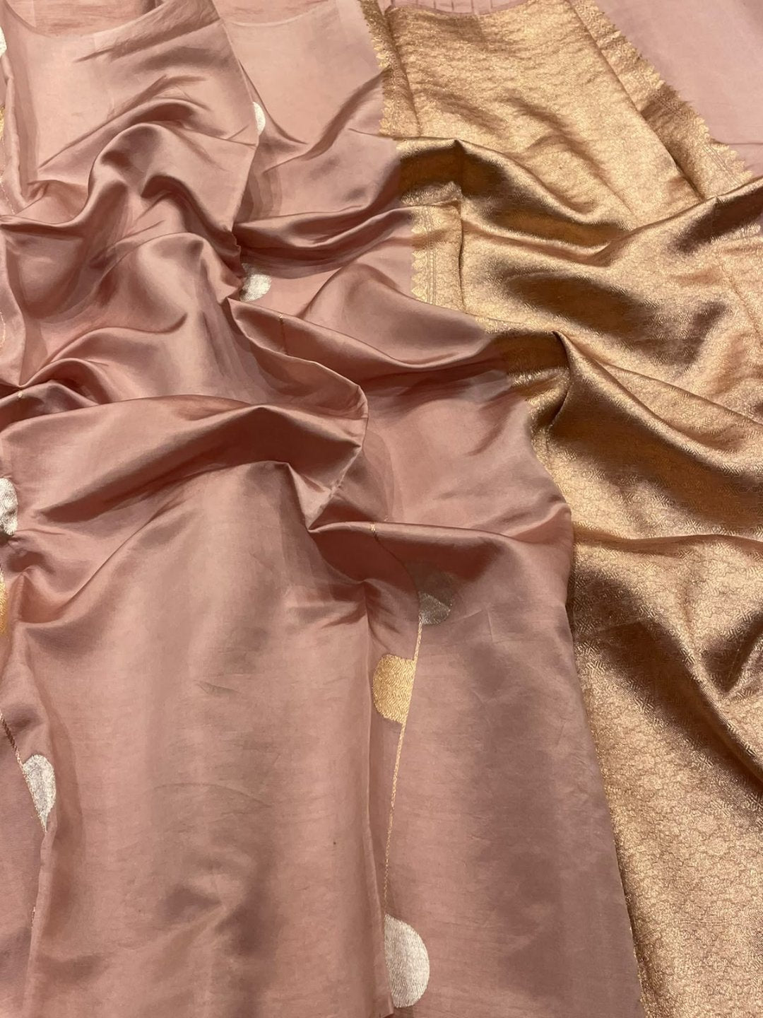 Light peach Katan Silk Banarasi saree front drape view