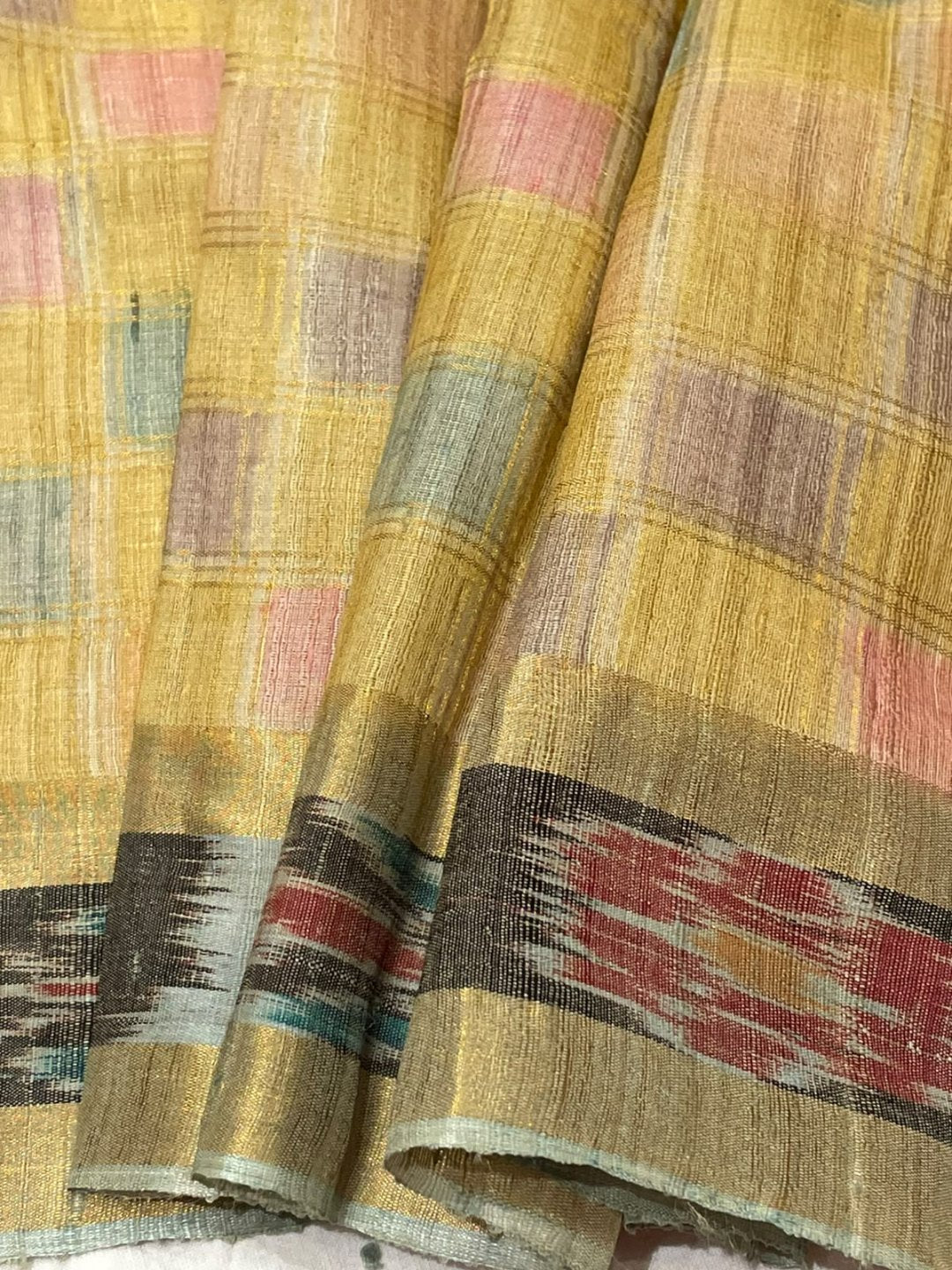 Light yellow Tussar Silk Banarasi saree front drape view