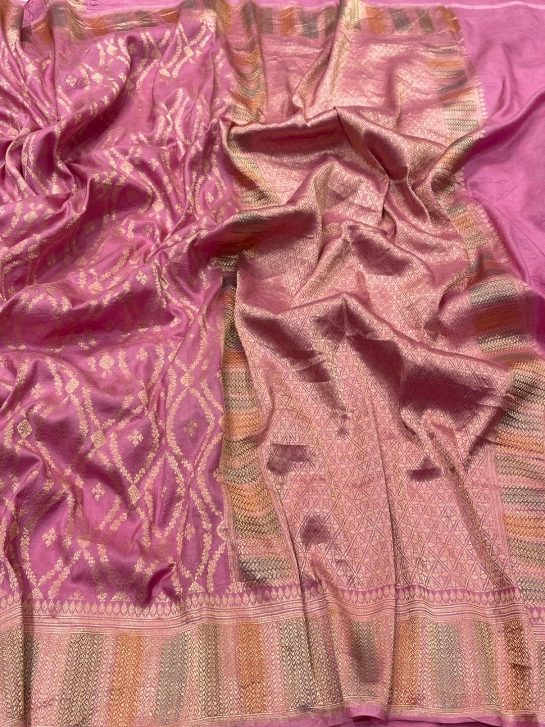 Pink Katan Silk Banarasi saree front drape view