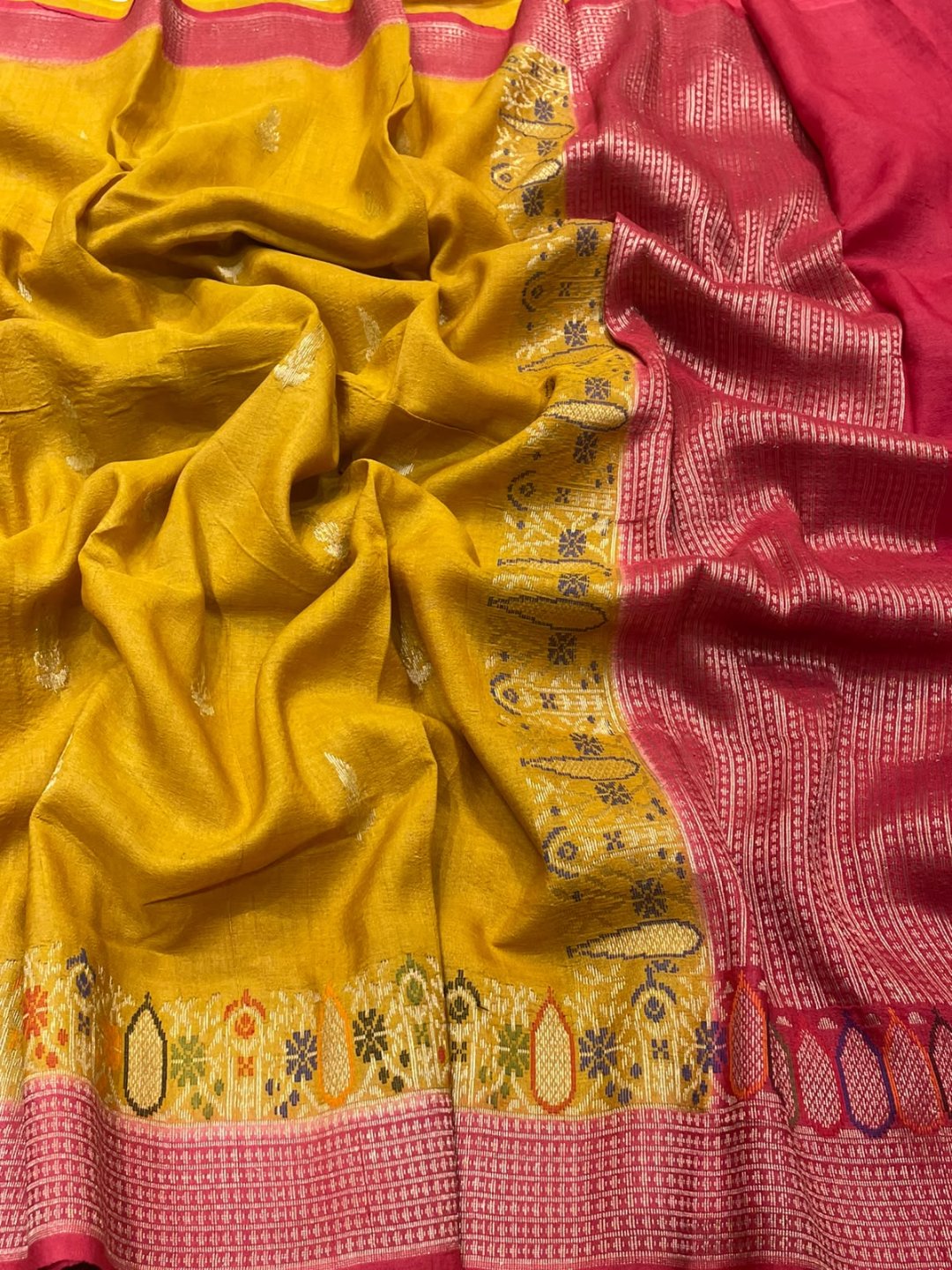 Musturd yello with Red border Tussar Silk Banarasi saree front drape view