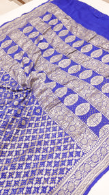 Handwoven Royal Blue color Bandhej Khaddi Georgette Saree