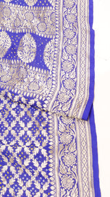 Handwoven Royal Blue color Bandhej Khaddi Georgette Saree