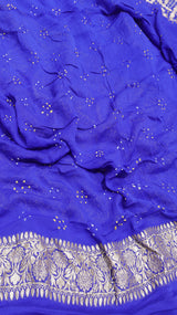 Handwoven Royal Blue color Bandhej Khaddi Georgette Saree