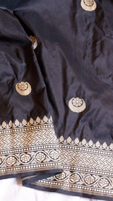 Chand Phool Black Pure Katan Silk Handloom Saree