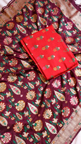 Red Pure Moonga Silk Handloom Suit Set