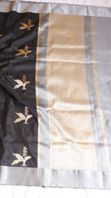 Black Pure Katan Silk Handloom Saree with Contrast Blouse