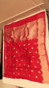 Pre-Order : Red Pure Kora Silk Handloom Saree with Temple Border