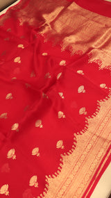 Pre-Order : Red Pure Kora Silk Handloom Saree with Temple Border