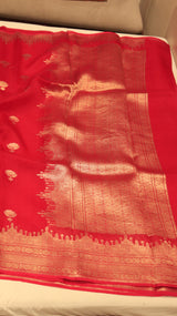 Pre-Order : Red Pure Kora Silk Handloom Saree with Temple Border