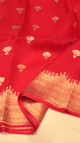 Pre-Order : Red Pure Kora Silk Handloom Saree with Temple Border
