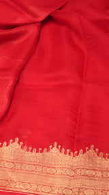 Pre-Order : Red Pure Kora Silk Handloom Saree with Temple Border