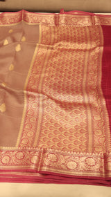 Pre-Order : Brownish Pink Pure Kora Silk Handloom Saree with Contrast Blouse
