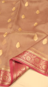 Pre-Order : Brownish Pink Pure Kora Silk Handloom Saree with Contrast Blouse