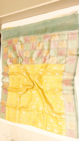 Yellow Pure Kora Silk Handloom Saree with Contrast Border