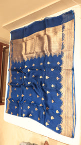 Pre-Order : Royal Blue Pure Kora Silk Handloom Saree with Temple Border