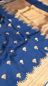 Pre-Order : Royal Blue Pure Kora Silk Handloom Saree with Temple Border