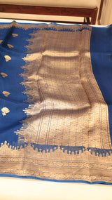 Pre-Order : Royal Blue Pure Kora Silk Handloom Saree with Temple Border