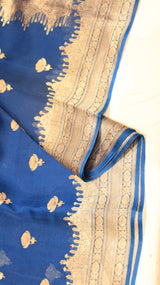 Pre-Order : Royal Blue Pure Kora Silk Handloom Saree with Temple Border