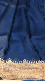 Pre-Order : Royal Blue Pure Kora Silk Handloom Saree with Temple Border