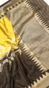 Yellow Black Pure Katan Silk Handloom Saree with Brocade Blouse
