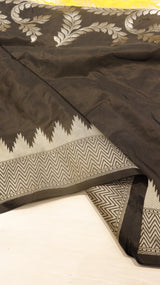 Yellow Black Pure Katan Silk Handloom Saree with Brocade Blouse