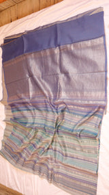 Pastel Blue Pure Tussar Silk Handloom Saree with Stripe Pattern