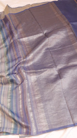 Pastel Blue Pure Tussar Silk Handloom Saree with Stripe Pattern