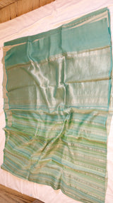 Pastel Green Pure Tussar Silk Handloom Saree with Stripe Pattern
