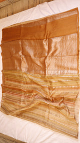 Peach Orange Pure Tussar Silk Handloom Saree with Stripe Pattern