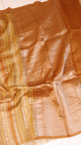 Peach Orange Pure Tussar Silk Handloom Saree with Stripe Pattern