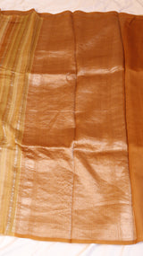Peach Orange Pure Tussar Silk Handloom Saree with Stripe Pattern