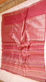 Peach Orange Pure Tussar Silk Handloom Saree with Stripe Pattern