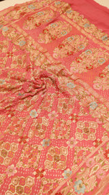 Handwoven Bandhej Khaddi Georgette Peach Pink color Saree