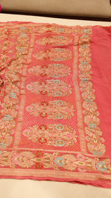 Handwoven Bandhej Khaddi Georgette Peach Pink color Saree